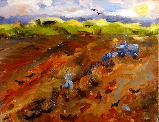 Grackles, Cow-Birds, and Grubs by Carol Berning Oil ~ 11 x 14