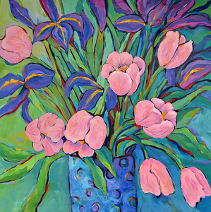 Irises and Tulips by Filomena Booth Acrylic ~ 40" x 40"