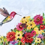 Rohini Mathur - Mixed Media Painting: Summer Floral Garden & Sweet Hummingbird