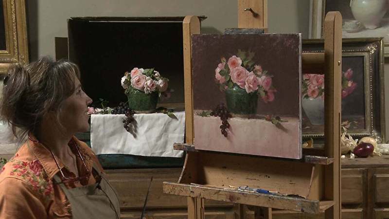 Elizabeth Robbins, Painting Pink Roses in Green Ginger Jar