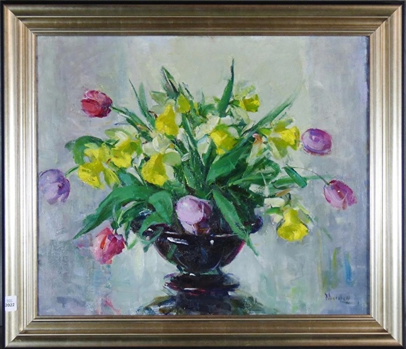 Eva Theresa Bradshaw, Still Life - Tulips and Daffodils, oil on canvas